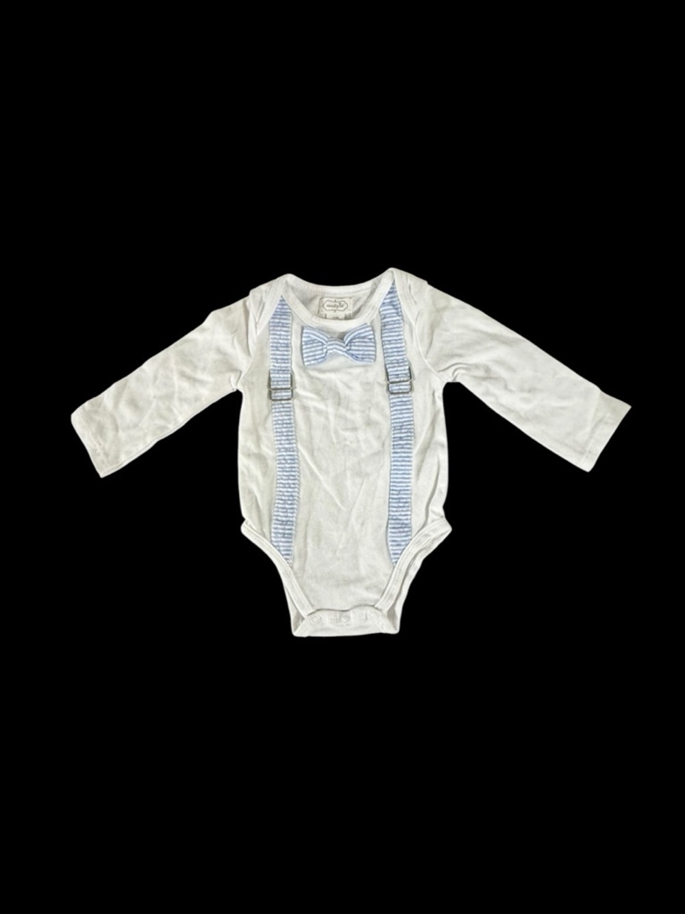 Mud Pie White Long Sleeve Onesie with Blue Striped Bow and Suspenders